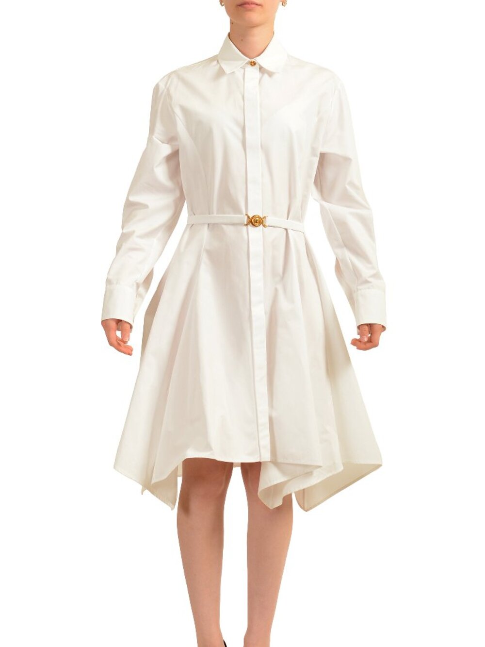 Versace Women's White Asymmetrical Belted Shirt Dress US M IT 42